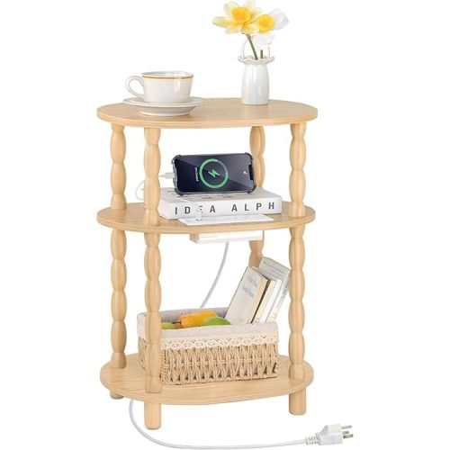 MaxSmeo End Table with Charging Station, Small Oval Side Table for Small Spaces, Modern Accent Table Night Stand with Charging Station for Living Room, Bedroom, Natural