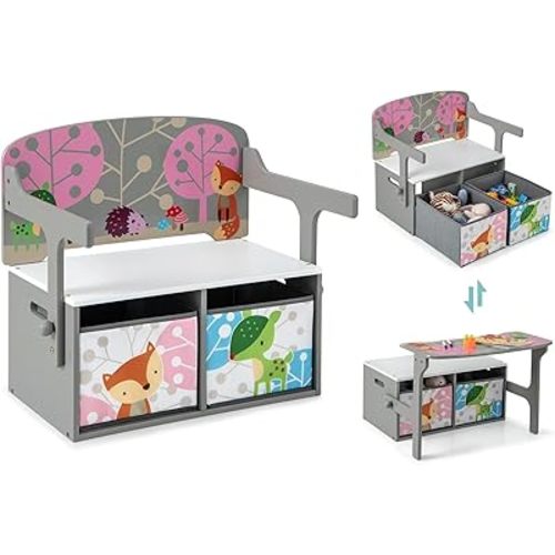 Costzon Kids Table and Chair Set, Convertible Toy Storage Bench with 2 Removable Fabric Bins for Kindergarten, Preschool, Kids Room, Playroom, Wood Reading Nook for Toddler Boys Girls Ages 3+ (Grey)