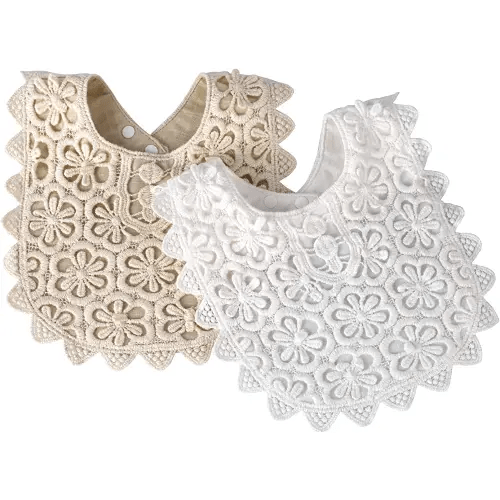2 Pack Baby Drool Bibs,Drooling and Teething Bibs Lace Fake Collar Bib Set for Toddler Girls Baby Gift (White+Beige)