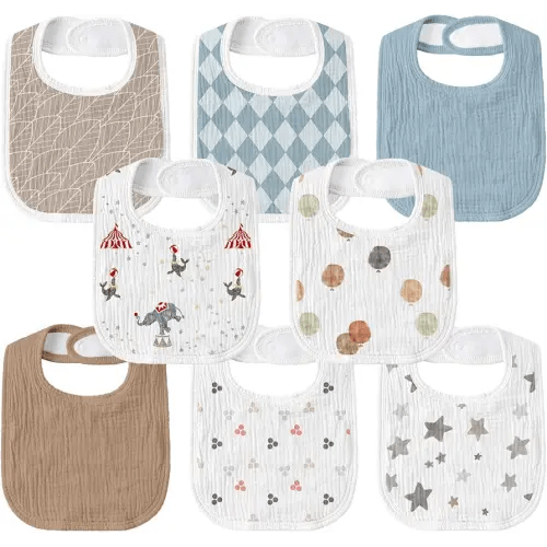 GLLQUEN BABY Muslin Drool Bibs for Boys Girls 8 Pack, Adjustable Baby Bibs for Drooling and Teething, Soft Cotton Baby Bandana Bib for Newborn Feeding Essentials (Circus)
