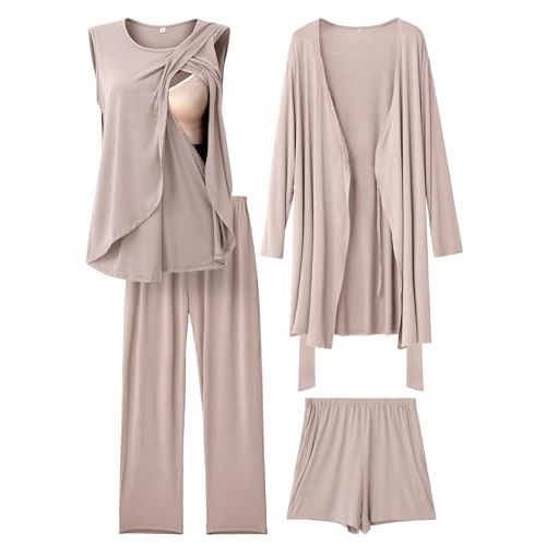 Rnxrbb 4 PCS All-Season Nursing Pajamas Robe Set Maternity Postpartum Pjs | Spring,Summer,Fall&Winter Nursing Sleepwear,Home&Hospital Labor&Delivery Breastfeeding Clothes,Adjustable Waistband