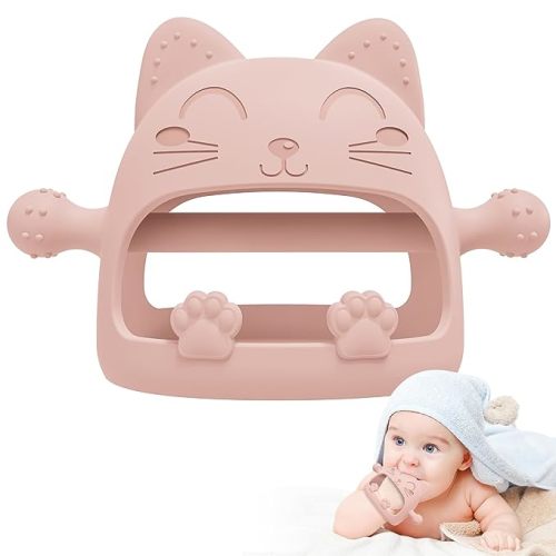 Baby Teether Toys,Silicone Teething Toys for Babies 0-6 Months,Never Drop Baby Chew Toys for Teething Relief, Teething Pacifiers,Baby Toys 0-6 Months,Ideal Gifts for Baby Shower(Cartoon Cat) - Pink