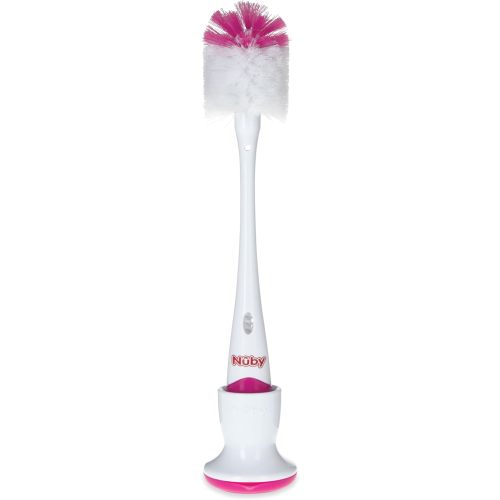 Nuby 2-in-1 Baby Bottle Brush with Stand - Soft Nylon Bristles - Dishwasher Safe - Bottle and Nipple Cleaning Tool - Pink