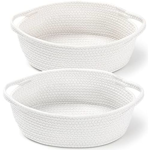 2 Pack Small Woven Basket with Gift Bags and Ribbons, Empty Decorative Gift Chest Box, Cute Baby Gift Basket for Nursery, Cotton Rope Room Shelf Storage Basket with Handles, All 12"x 8"x 5",White