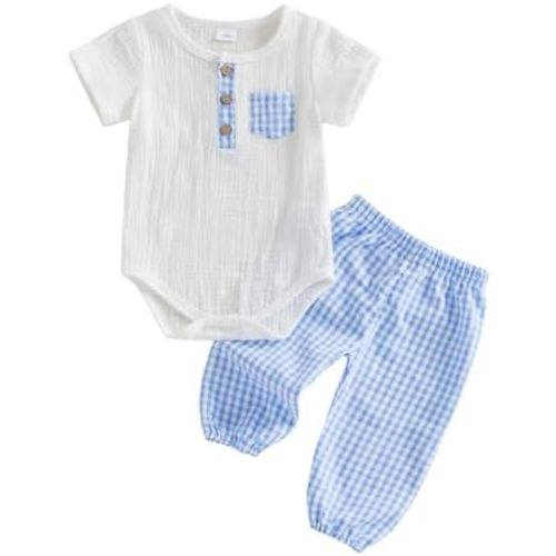 Newborn Baby Boy Girl Outfit Short Sleeve Cotton Linen Henley Romper Tops Plaid Pants Set Infant Summer Clothes