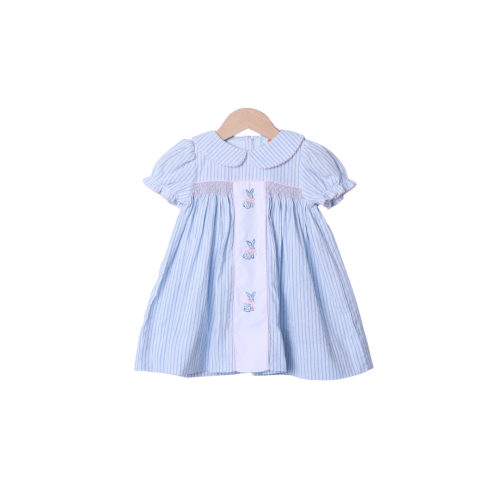 Embroidered Bunny Blue Pinstripe Dress