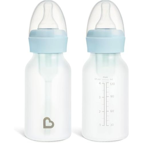 Munchkin Bond Silicone Coated Glass Baby Bottles - Anti-Colic Feeding System with Natural Feel Nipples, 4 Ounce, 2 Pack, Blue