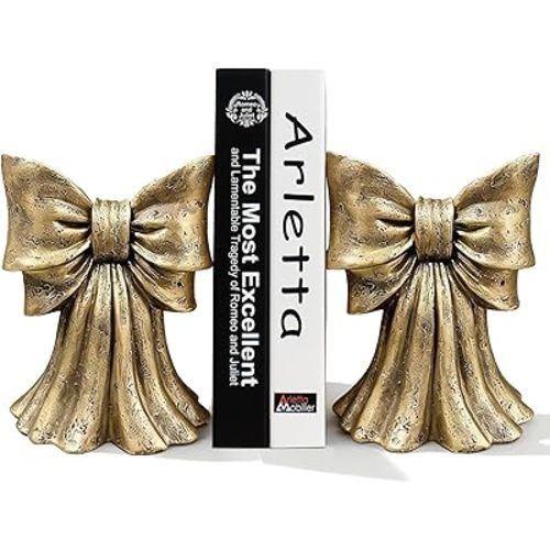 Vintage Gold Bow Book Ends Set of 2 Heavy Duty Bookends for Large & Heavy Books, Decorative Gold Bookends for Shelves, Desk & Home Office, Classic Vintage Decor Book Stoppers