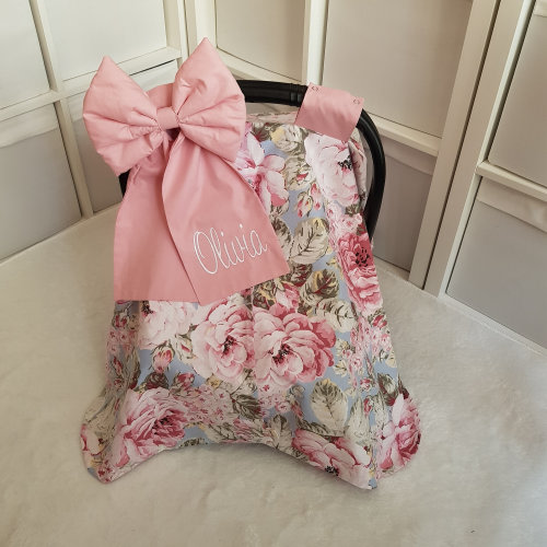 Floral Blush Pink Baby Carseat Canopy Girl , Personalized Car Seat Cover Baby Girl , Bow with Name Embroidery , Baby Shower Gift for Girl