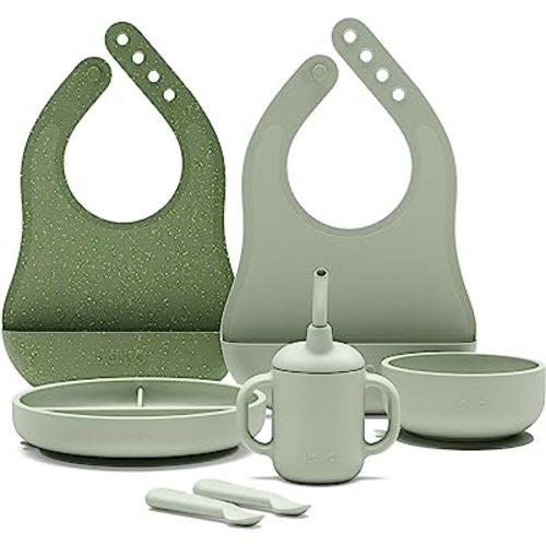 Lalo First Bites Silicone Baby Feeding Set - Baby Led Weaning Supplies - Non-Toxic Silicone - Includes 2 Bibs, 2 Spoons, Training Cup, Suction Plate and Bowl - 6 Pieces - Sage