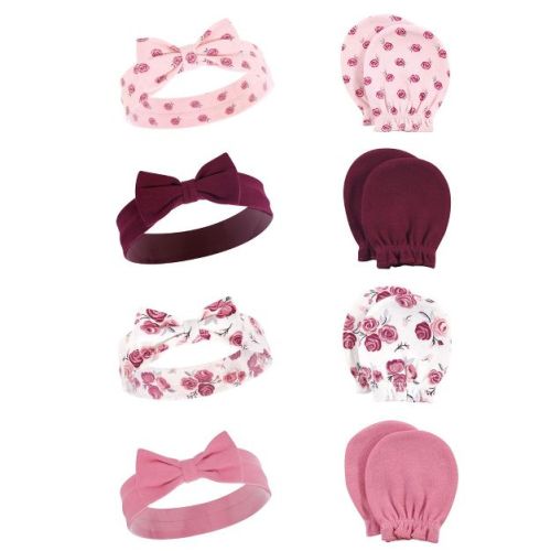 Hudson Baby Infant Girls Cotton Headband and Scratch Mitten Set, Rose, 0-6 Months