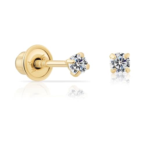 14k Yellow Gold Solitaire Round Cubic Zirconia Stud Earrings in Secure Screw-backs