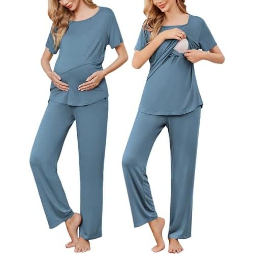 Ekouaer Women's Nursing Pajamas Maternity Pajama Postpartum PJS Breastfeeding Short Sleeve Top & Pants Sets with Pockets