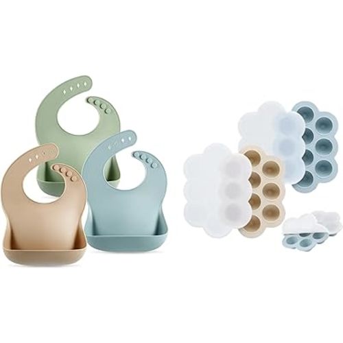 PandaEar Set of 3 Silicone Baby Bibs & Baby Food Freezer Tray