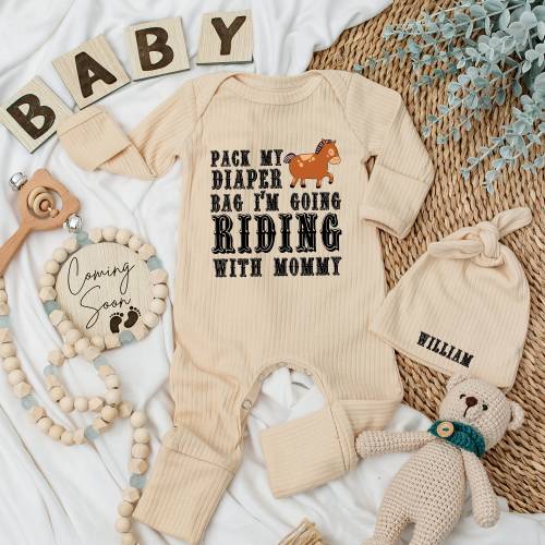 Baby bodysuit and hat set, Pack My Diaper Bag I'm Going Riding with Mommy Funny Horseback Riding outfit, Newborn set, Baby Equestrian Infant