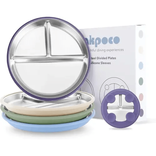 Stainless Steel Suction Plates for Toddlers, 9" Divided Kids Baby Plates with Removable Silicone Suction, Non Toxic Non Slip Portion Control Snack Dishes 4 Packs, Blue Green Purple Beige