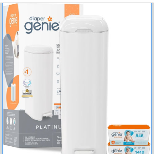 Diaper Genie Platinum Pail Gift Set, Lily White, Made of Durable Stainless Steel and Includes 2 Easy Roll Refills with 18 Bags and 30 Bags