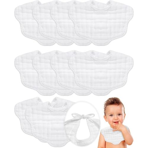Yahenda 10 Pack Muslin Bibs Baby Drool Bibs White Bandana Bibs Absorbent Teething Bibs Cotton Cloths Plain Bibs with Adjustable Straps for Unisex Baby Burp Newborn Infant Toddler, 0-2 Years Old