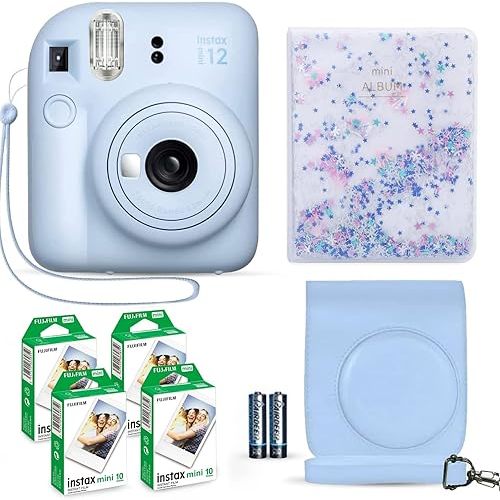 Fujifilm Instax Mini 12 Instant Camera Pastel Blue + Fuji Film Value Pack (40 Sheets) + Shutter Accessories Bundle, Incl. Compatible Carrying Case, Quicksand Beads Photo Album 64 Pockets