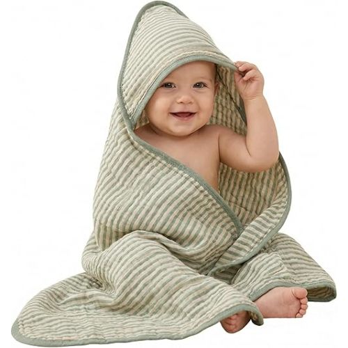 Ultra-Soft Muslin Baby Towel - 32 x 32 Inches, Ideal for Bath & Beach, Suitable for Both Boys & Girls from Newborns to Toddlers (Sage Green Stripes)