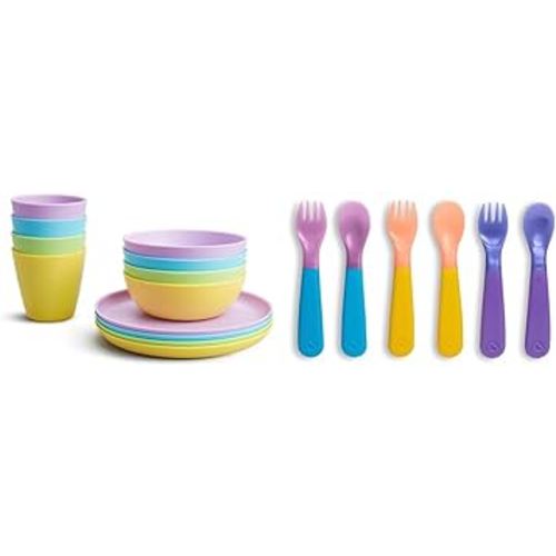 Munchkin® 12pc Baby and Toddler Feeding Supplies Set - Includes Plates, Bowls, and Cups & ColorReveal™ Color Changing Toddler Forks and Spoons, 6 Pack