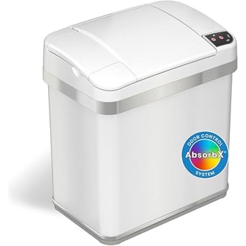 iTouchless 10 Liter / 2.5 Gal Sensor Bathroom Trash Can with Lid and AbsorbX Odor Filter, White Stainless Steel Small Waste Basket Includes Air Freshener Fragrance Pack, Home Office Bedroom Livingroom