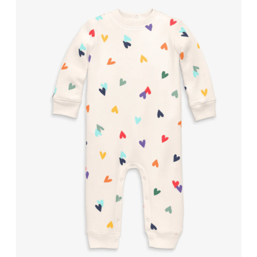 Baby cozy fleece sweatshirt romper in rainbow confetti hearts | Primary.com