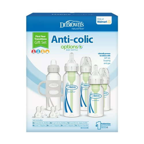 Dr. Brown's Natural Flow Anti-Colic Options+ First Year Baby Bottle Gift Set, Blue, 100% Silicone Sippy Spout & Handles, Newborn to Toddler, BPA free, 0m+