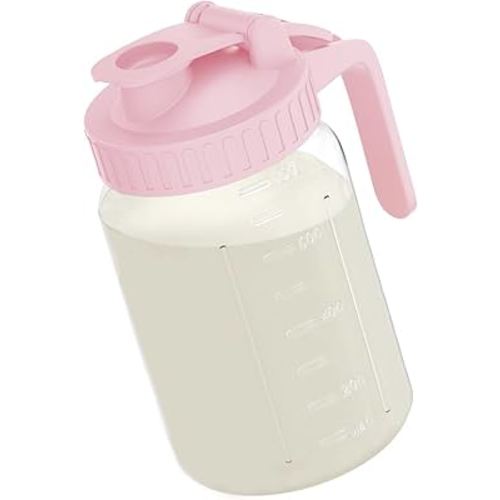 Breast Milk Pitcher Jug - 32 oz Glass Mason Jar Airtight Pitcher with Pour Spout Handle for Breastmilk, Iced Tea, Ice Drinks Storage Container(Pink)