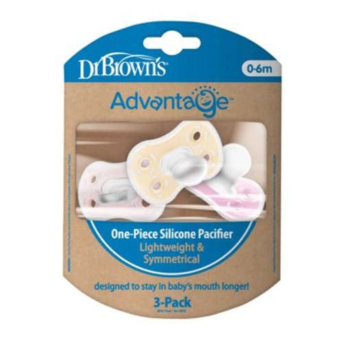 Dr. Brown's Advantage One-Piece Silicone Baby Pacifier, Fully Symmetrical, Ecru/Light Purple/Pink,, 0-6m, BPA Free, 3 Pack