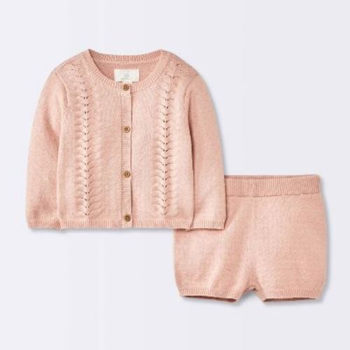 Baby Girls' 2pc Pointelle Sweater Set - Cloud Island™ Pink 6-9M