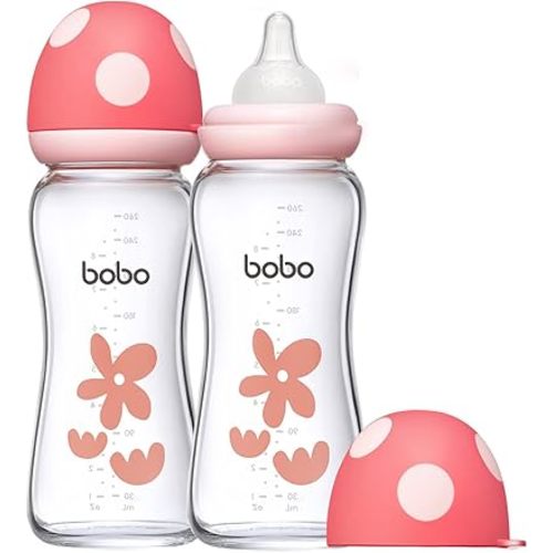 YOHKOH Natural Glass Baby Bottle with Natural Response Nipple, Newborn Anti-Colic Baby Bottles, Wide Neck Mushroom Cap Baby Bottle, Clear (8.8oz (Pack of 2), Red)