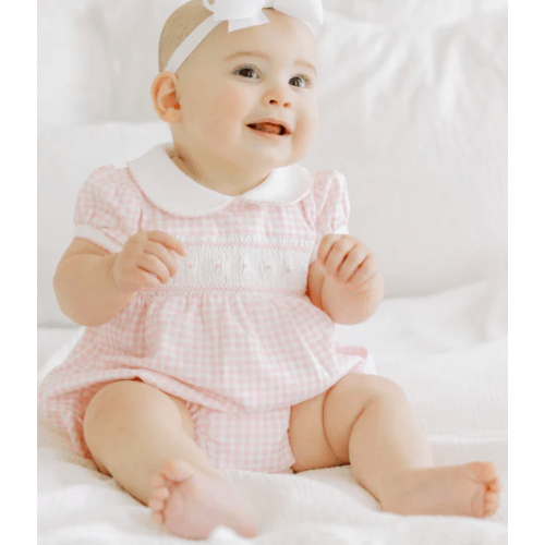Mini Checks Smocked Short Sleeve Bubble - Pink