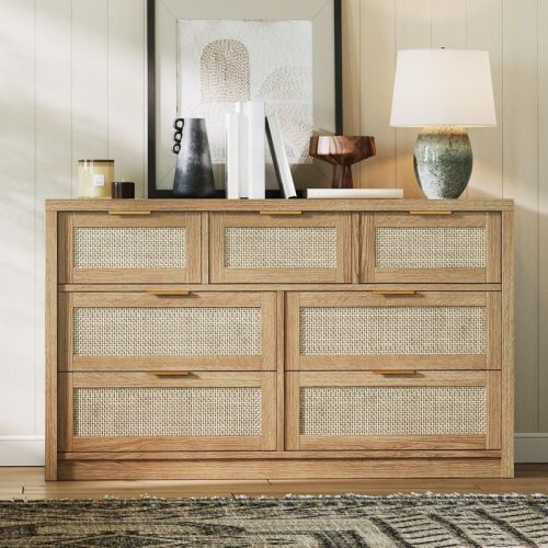 7-Drawer Dresser for Bedroom, 52" Wide Rattan Dresser Modern Wood Chest with Metal Handles, Storage Organizer or TV Stand for Living Room & Hallway