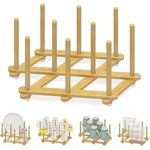 EsLuker.ly Baby Bottle Drying Rack Bamboo Vertical Dryer Holder, Foldable Space Saving for 10 Milk Glass Bottle Countertop, Wooden Drain Stand Shelf for New Parents