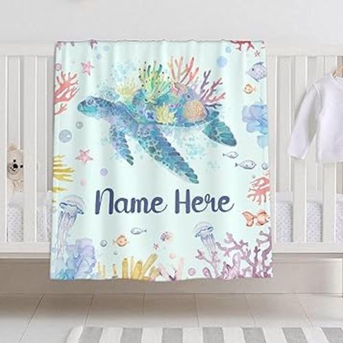 Personalized Custom Baby Blanket with Name - Sea Turtles Swaddle Blanket for Toddlers, Infants, Kids, Newborns - Nursery Stroller Crib Decor Throw - Birthday Gift