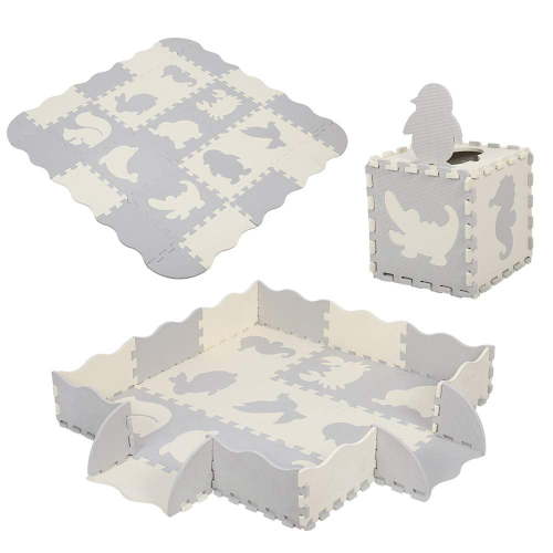 Puzzle Play Mat for Baby Toddlers Non-Toxic Kids Interlocking Foam Mats Infants Crawling Mat with Fence with 9 Different Animal Patterns Gray