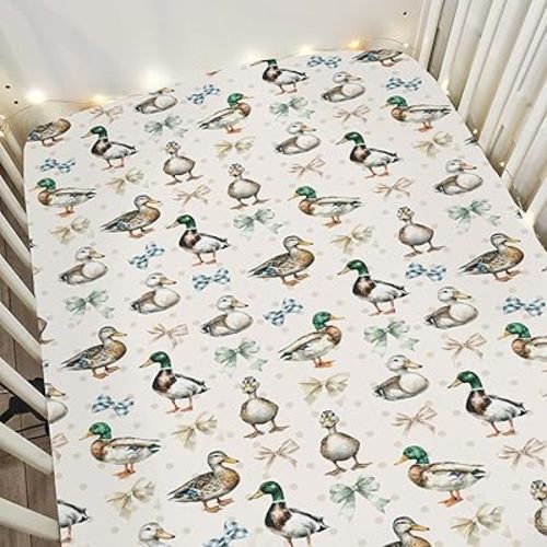 Vintage Duck Bows Floral Baby Crib Sheets for Boy Girl 28"x52" Green Mallard Ducks Soft Snug Fitted Crib Mattress Cover Hunting Duck Bird Nursery Baby Sheet for Standard Crib & Toddler Bed Mattress