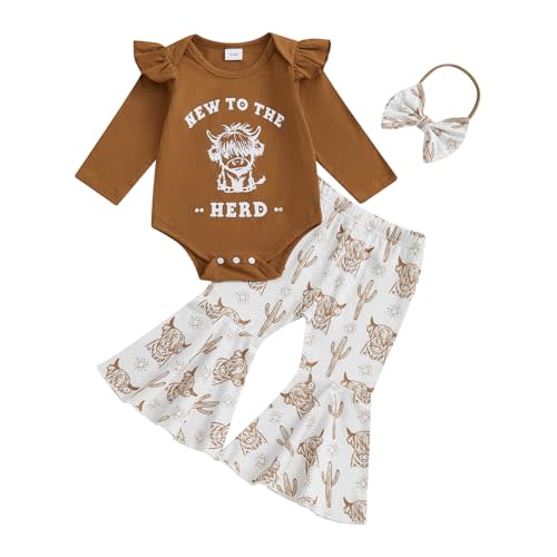Chloefairy Baby Girl Western Clothes New to the Herd Romper Highland Cow Print Flare Pants Set 3Pcs Fall Cowgirl Outfit