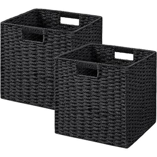 UBBCARE 2 Pack Wicker Basket, 11L×11H×10.5W inch Woven Paper Rope Storage Baskets for shelves, Foldable Cube Storage bin with Handle, Storage Basket for Organizing (Black, Cube-2pack 11")