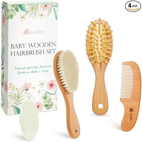 Lictin Baby Hair Brush and Comb Set, 4 Pcs Newborn Hair Brush with Soft Bristle, Natural Goat Hair and Wood Baby Cradle Cap Comb for Newborns & Toddlers, Newborn Baby Essentials, Perfect Registry Gift