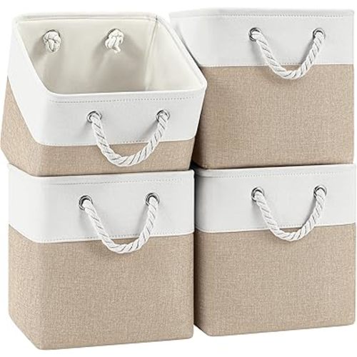 11x11 Cube Storage Bins, 4 Pack Foldable Fabric Organizer Bins with Rope Handles, Storage Cubes for Organizing Bedroom, Living Room, Clothes and Toys, Shelves and Closet (White & Khaki)