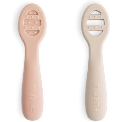 mushie Silicone First Feeding Baby Spoons | 2 Pack (Blush/Shifting Sand)