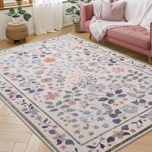 YIHOUSE Floral Print Nursery Kids Rugs 5x7, Large Beige Ultra-Thin Pastel Area Rug Washable, Rug for Classroom, Playroom,Dorm,Bedroom,Living Room,Beige/Pink Multi
