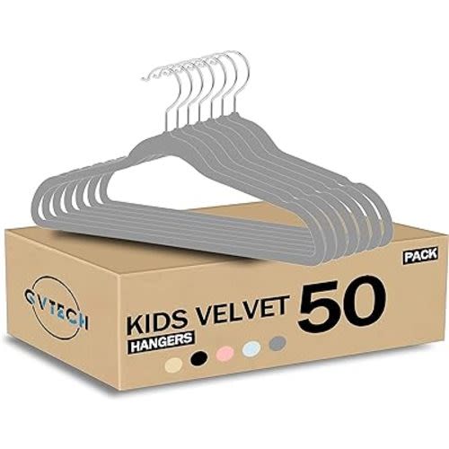 Kids Hangers Velvet, [50 Pack] Children Cloth Durable Baby Hangers for Closet - Perfect Infant Toddler Kid Hanger for Everyday Use, Non Slip 360° Hooks for Shirt, Pant, Dress (50 Pack, Grey)