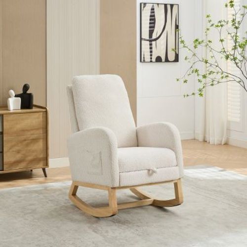 Nursery Ivory Boucle Rocking Chair with High Back and Retractable Footrest for Living Room or Bedroom-Cuddlewood