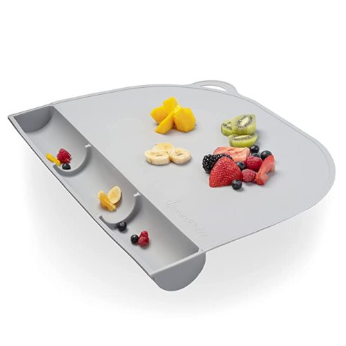 UpwardBaby Silicone Placemats for Toddlers- Suction Baby Placemat for Restaurants & Home with Food Catching Pockets for Dining Table-Washable Wipeable Nonslip BPA-Free Placemats for Kids - Gray