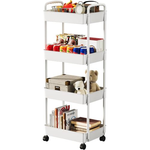 Beboore 4 Tier Rolling Utility Cart with Wheels, Storage Trolley Cart with Handle Hanging Cups Hooks, Storage Organizer for Kitchen, Bathroom, Living Room, Office (White)