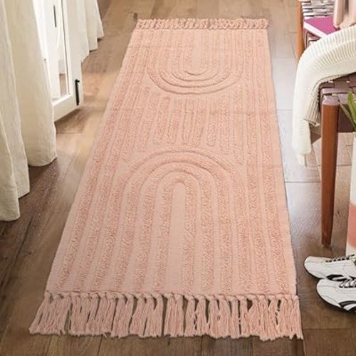 Lanffia Boho Rainbow Hallway Runner Rug 2x5, Tufted Pink Bedside Mat with Tassels, Farmhouse Cotton Woven Washable Accent Carpet for Nursery Laundry Bathroom Porch, Peach Pink