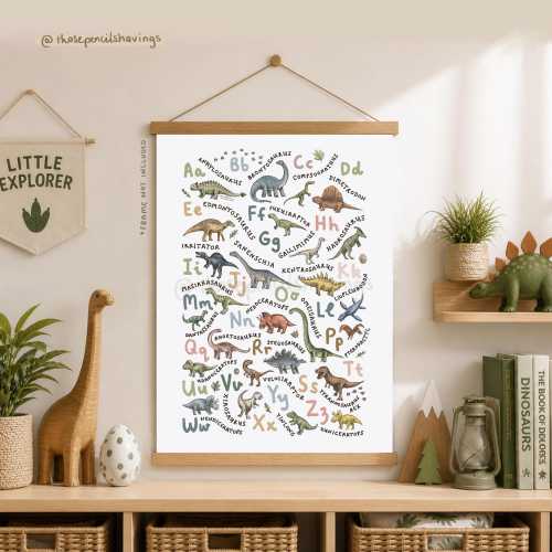 Dinosaur Alphabet Print: A-Z Dino Nursery, Classroom Art